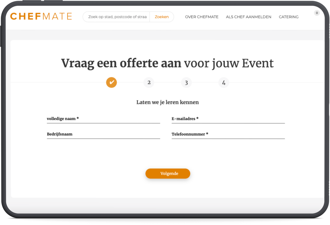 tablet vraag een offerte aan jouw event screen